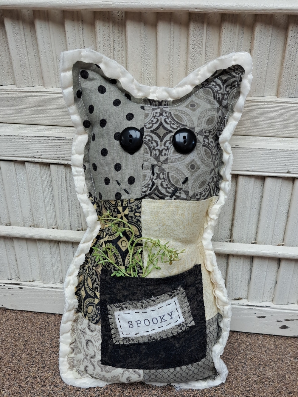 Handmade Patchwork Black & Cream 'Spooky' Cat Pillow